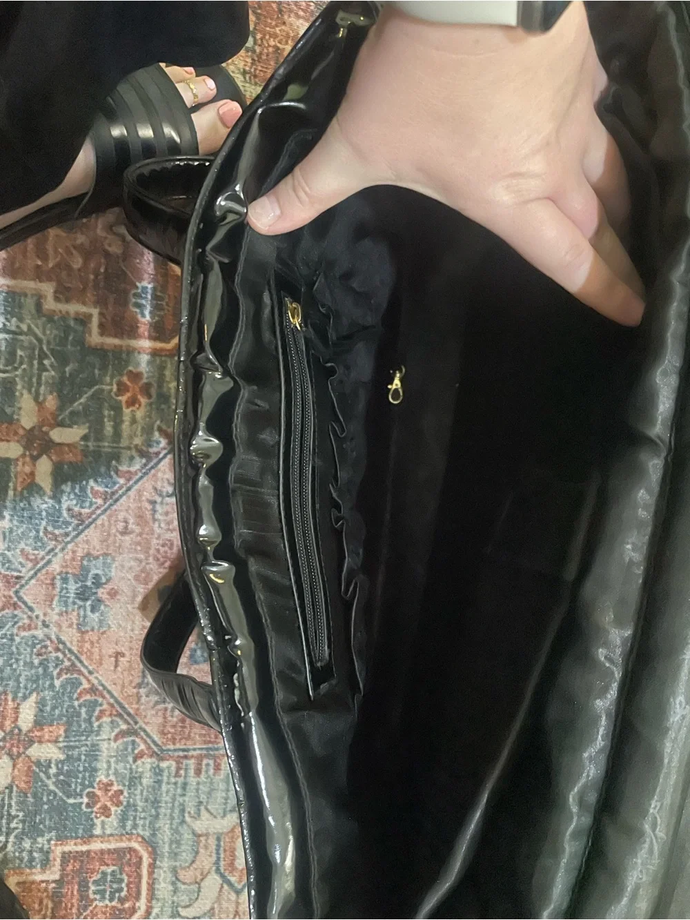 Betsey Johnson Black Patent Quilted Heart Tote with Charm Laptop Bag